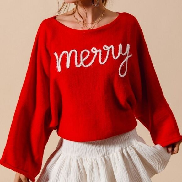 SO ME Tinsel Letters Cozy Christmas Sweater Baggy Top Red 'Merry' Text size Smal - Picture 1 of 11